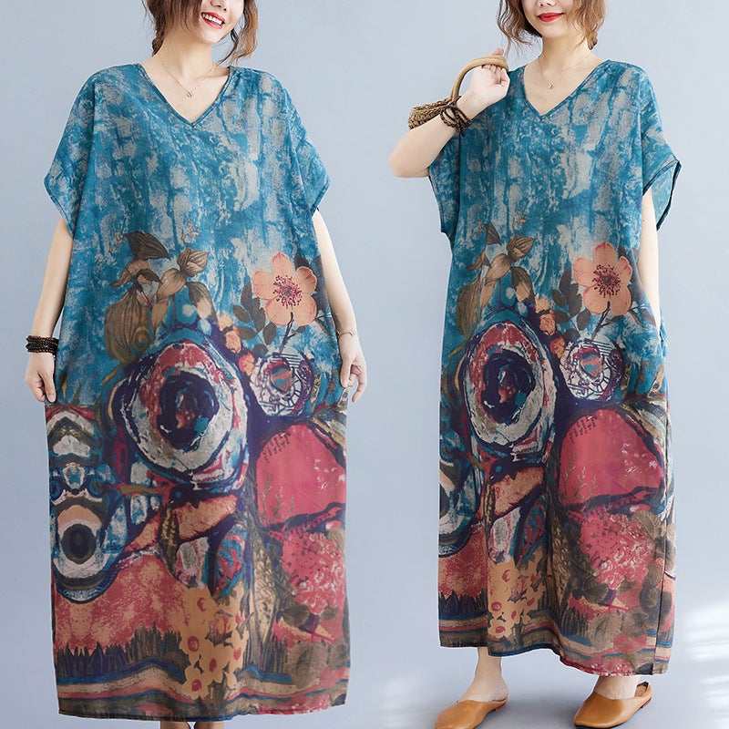 Large size womens clothing 2024 Summer positioning flower V-neck artistic retro cotton and linen printed casual large dress short sleeve robe Retro positioning flower dress