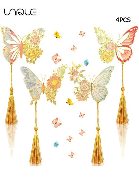 Metal Bookmarks for Women, 4Pcs Butterfly Bookmark with Tassel, Chinese Style Hollow Ancient Style Teacher's Day Bookmark, Exquisite Brass Creative Gift for Women Book Lovers Teacher