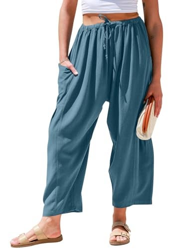 TARSE Womens Linen Wide Leg Pants Casual Loose Drawstring Low Waist Beach Palazzo Harem Pants with Pockets(Lakeblue,L) - Image 1