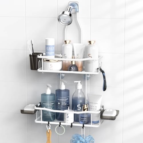 Aitatty Hanging Shower Caddy Bathroom Organizer: Rustproof Shower Shelf Racks Over Shower Head - No Drilling Inside Bath Shower Rack Shelves Over Showerhead for Shampoo with Soap Holder White - Image 1