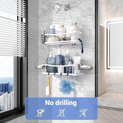 Aitatty Hanging Shower Caddy Bathroom Organizer: Rustproof Shower Shelf Racks Over Shower Head - No Drilling Inside Bath Shower Rack Shelves Over Showerhead for Shampoo with Soap Holder White - Image 2