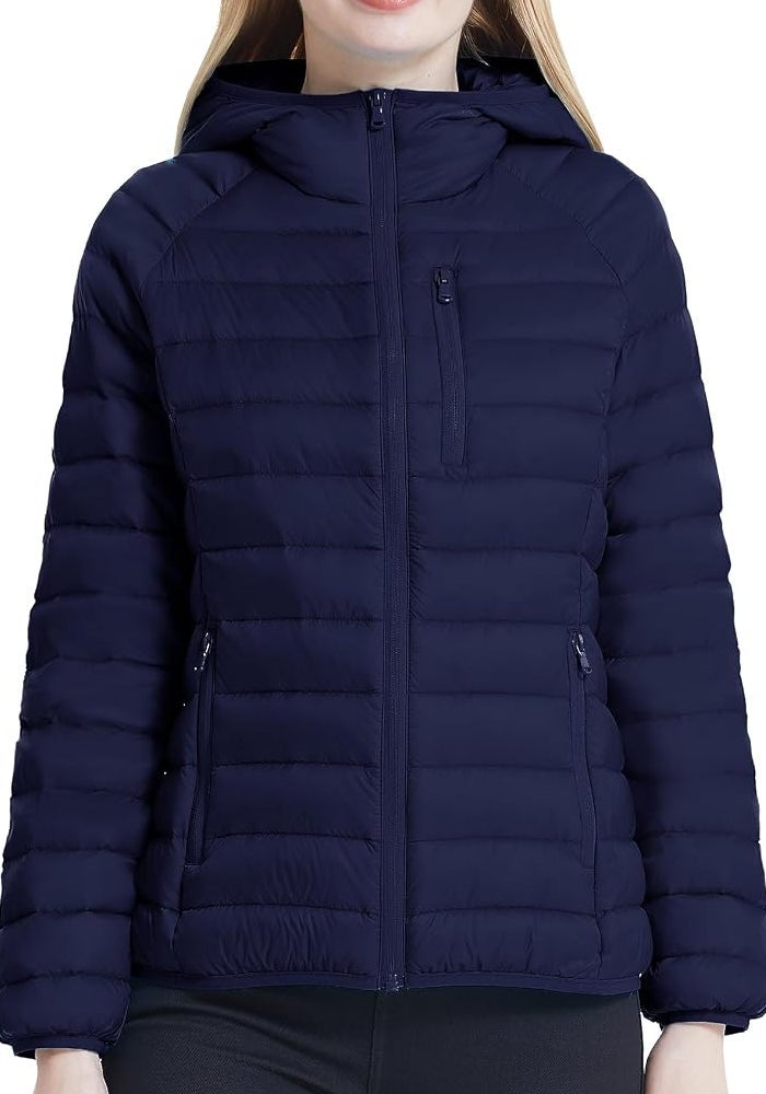 Wantdo Women's Packable Down Jacket Lightweight Puffer Jacket Hooded Winter Coat - Navy, Large - Image 2