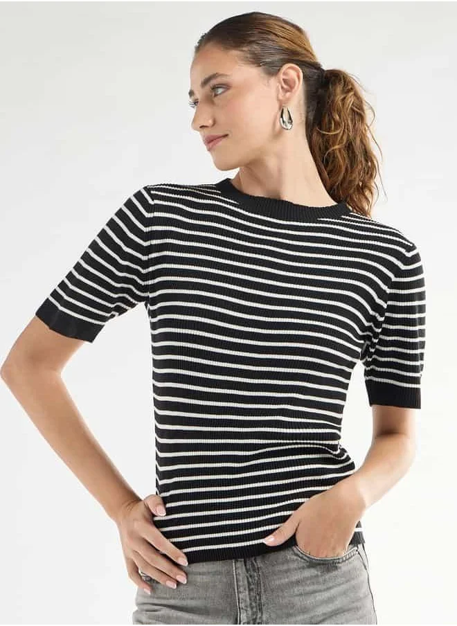 FAV Striped High Neck T-shirt with Short Sleeves