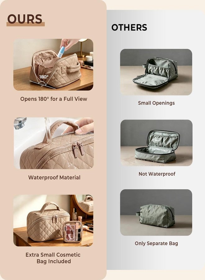 Batfield Makeup Pouch Bag for Women, 2Pcs Waterproof Puffer Set with 180° Flat Open, Travel Large Capacity Makeup Bag for Women with Brush Compartment & Handle for Vacation, Business Trip (Khaki) - Image 5