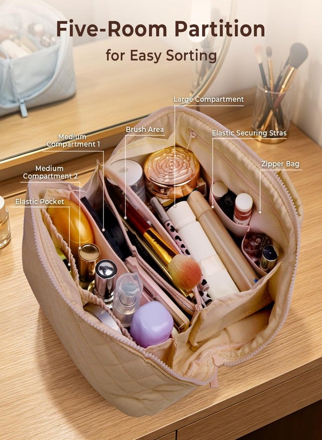 Batfield Makeup Pouch Bag for Women, 2Pcs Waterproof Puffer Set with 180° Flat Open, Travel Large Capacity Makeup Bag for Women with Brush Compartment & Handle for Vacation, Business Trip (Khaki) - Image 3