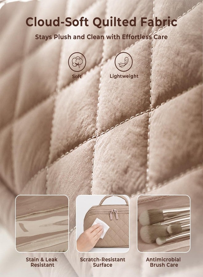 Batfield Makeup Pouch Bag for Women, 2Pcs Waterproof Puffer Set with 180° Flat Open, Travel Large Capacity Makeup Bag for Women with Brush Compartment & Handle for Vacation, Business Trip (Khaki) - Image 4