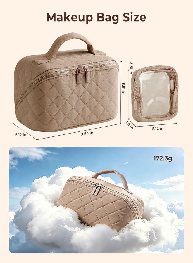 Batfield Makeup Pouch Bag for Women, 2Pcs Waterproof Puffer Set with 180° Flat Open, Travel Large Capacity Makeup Bag for Women with Brush Compartment & Handle for Vacation, Business Trip (Khaki) - Image 2