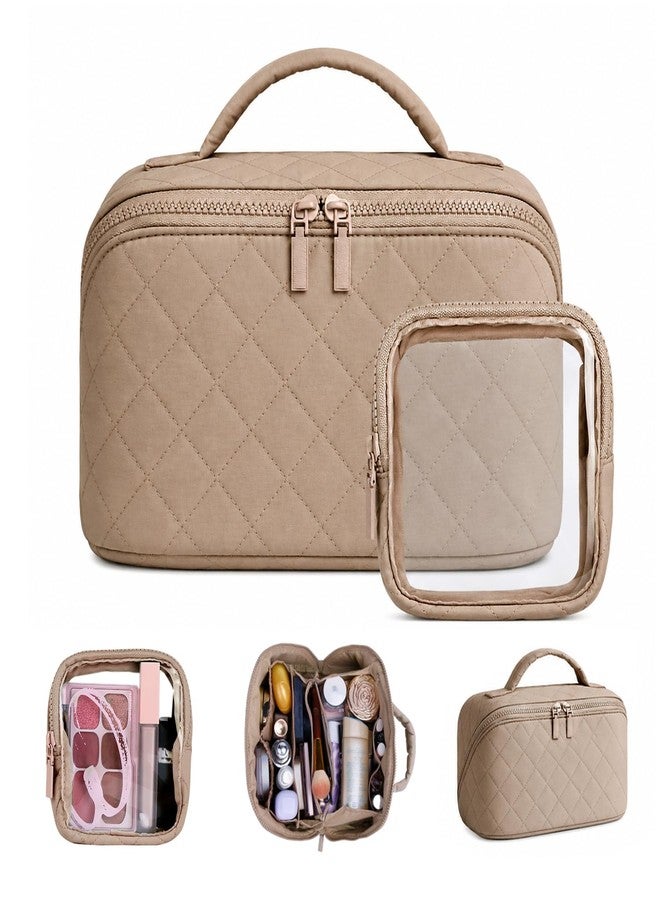 Batfield Makeup Pouch Bag for Women, 2Pcs Waterproof Puffer Set with 180° Flat Open, Travel Large Capacity Makeup Bag for Women with Brush Compartment & Handle for Vacation, Business Trip (Khaki) - Image 1
