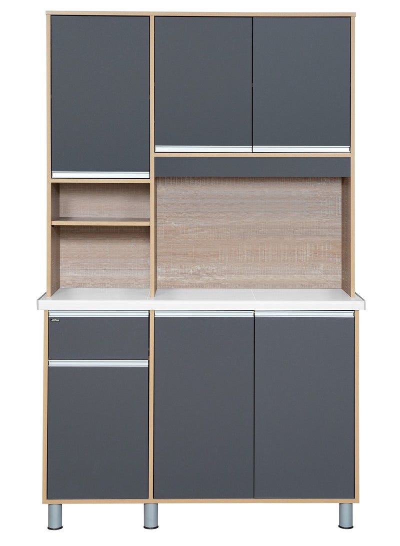 Furniture Factory Modern Storage Cabinet Freestanding Kitchen Pantry Cabinet Microwave Storage Stand with Total of 6-Doors and Drawer Large Storage Space for Kitchen, Dining Room, Living Room. Versatile 3-Door at bottom and 3 doors at top Kitchen Cabinet with Sturdy Tile Top and drawer Stylish Storage Solution. Soft-Closer Doors. Long handles can be straight or slightly curved, adding a modern touch. Consider the handle’s profile to complement your cabinet design. (Dark Gray / Sonoma oak) Arfan Ekol Series  - Image 3