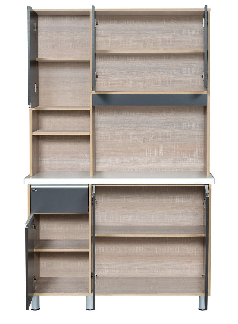 Furniture Factory Modern Storage Cabinet Freestanding Kitchen Pantry Cabinet Microwave Storage Stand with Total of 6-Doors and Drawer Large Storage Space for Kitchen, Dining Room, Living Room. Versatile 3-Door at bottom and 3 doors at top Kitchen Cabinet with Sturdy Tile Top and drawer Stylish Storage Solution. Soft-Closer Doors. Long handles can be straight or slightly curved, adding a modern touch. Consider the handle’s profile to complement your cabinet design. (Dark Gray / Sonoma oak) Arfan Ekol Series  - Image 5