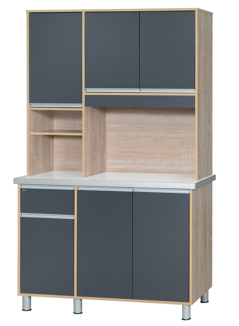 Furniture Factory Modern Storage Cabinet Freestanding Kitchen Pantry Cabinet Microwave Storage Stand with Total of 6-Doors and Drawer Large Storage Space for Kitchen, Dining Room, Living Room. Versatile 3-Door at bottom and 3 doors at top Kitchen Cabinet with Sturdy Tile Top and drawer Stylish Storage Solution. Soft-Closer Doors. Long handles can be straight or slightly curved, adding a modern touch. Consider the handle’s profile to complement your cabinet design. (Dark Gray / Sonoma oak) Arfan Ekol Series  - Image 1
