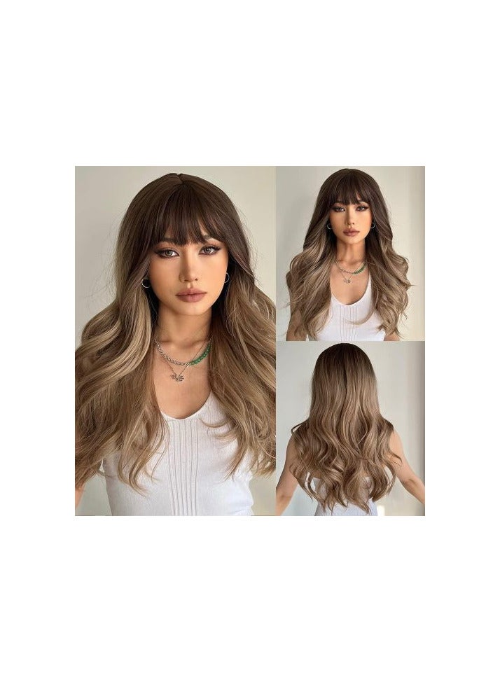 باروكة شعر صناعي  طويل مموج بلون بني شعر حراري فايبر قابل للغسيل والمكواه - Image 1