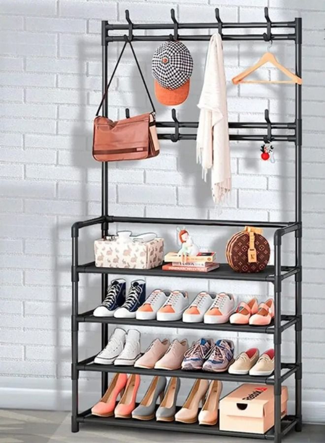 RACK STORE 4 Tier Home Entryway Furniture Shelf Multipurpose Shoe and Coat Stand Clothes Rack Storage Organiser Multiple Hooks for Hanging Bags and Shirts and 4 Shelves - Image 1