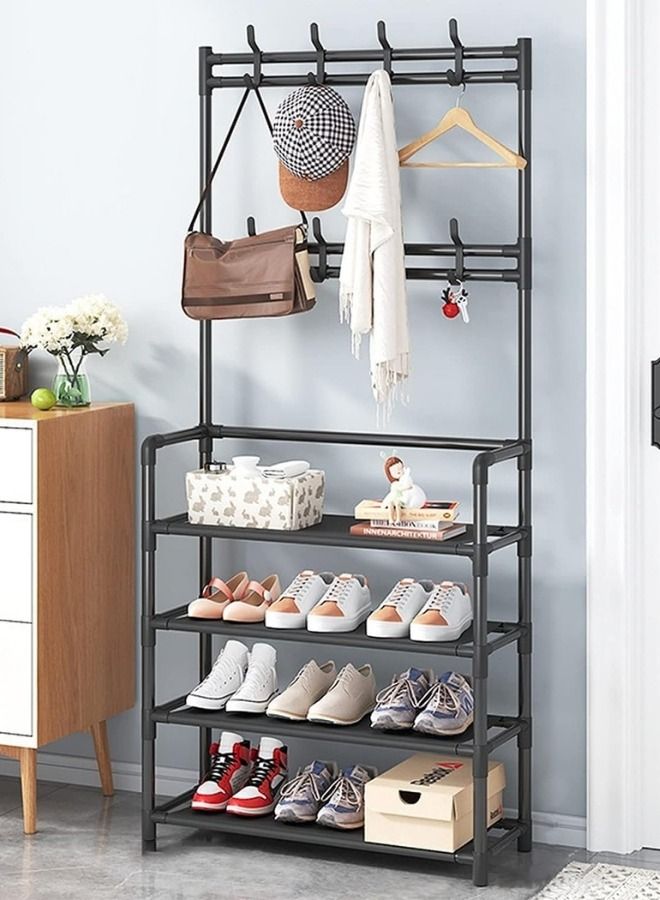 RACK STORE 4 Tier Home Entryway Furniture Shelf Multipurpose Shoe and Coat Stand Clothes Rack Storage Organiser Multiple Hooks for Hanging Bags and Shirts and 4 Shelves - Image 2