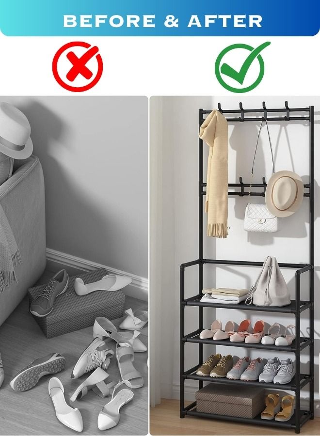 RACK STORE 4 Tier Home Entryway Furniture Shelf Multipurpose Shoe and Coat Stand Clothes Rack Storage Organiser Multiple Hooks for Hanging Bags and Shirts and 4 Shelves - Image 5