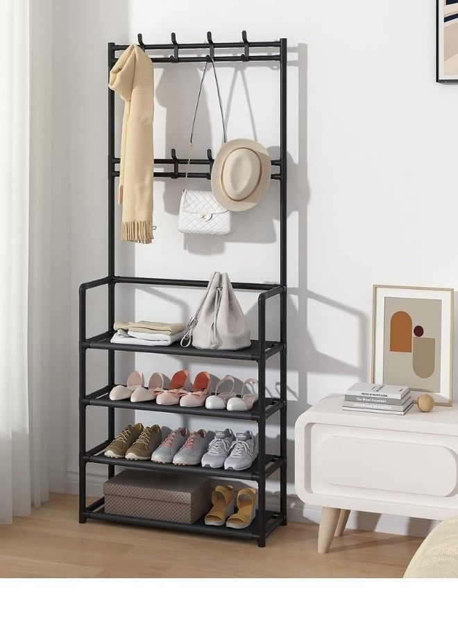 RACK STORE 4 Tier Home Entryway Furniture Shelf Multipurpose Shoe and Coat Stand Clothes Rack Storage Organiser Multiple Hooks for Hanging Bags and Shirts and 4 Shelves - Image 3