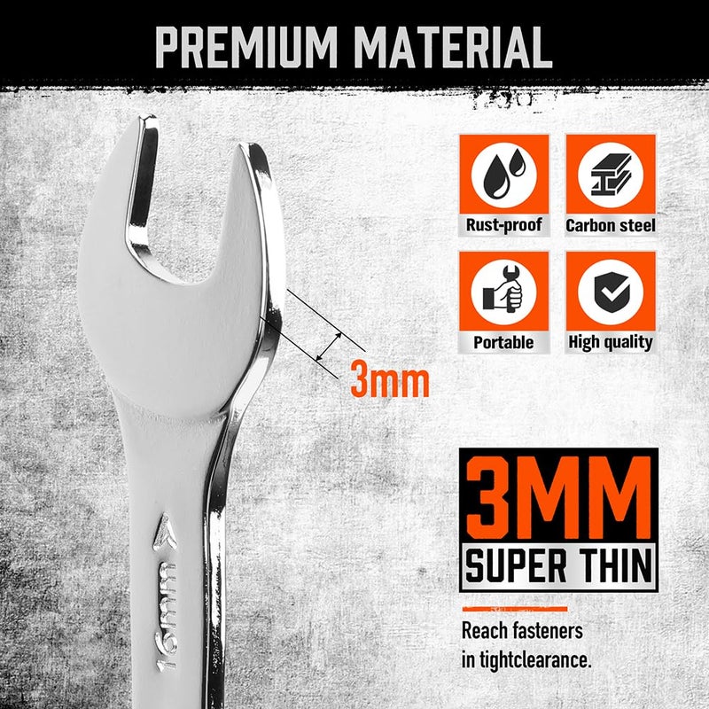 HORUSDY Thin Wrenches Set | Metric | 10-Piece | Including 5.5mm to 27mm | Bike Wrench Set | Thin Open End Wrench Set with Rolling Pouch - Image 2