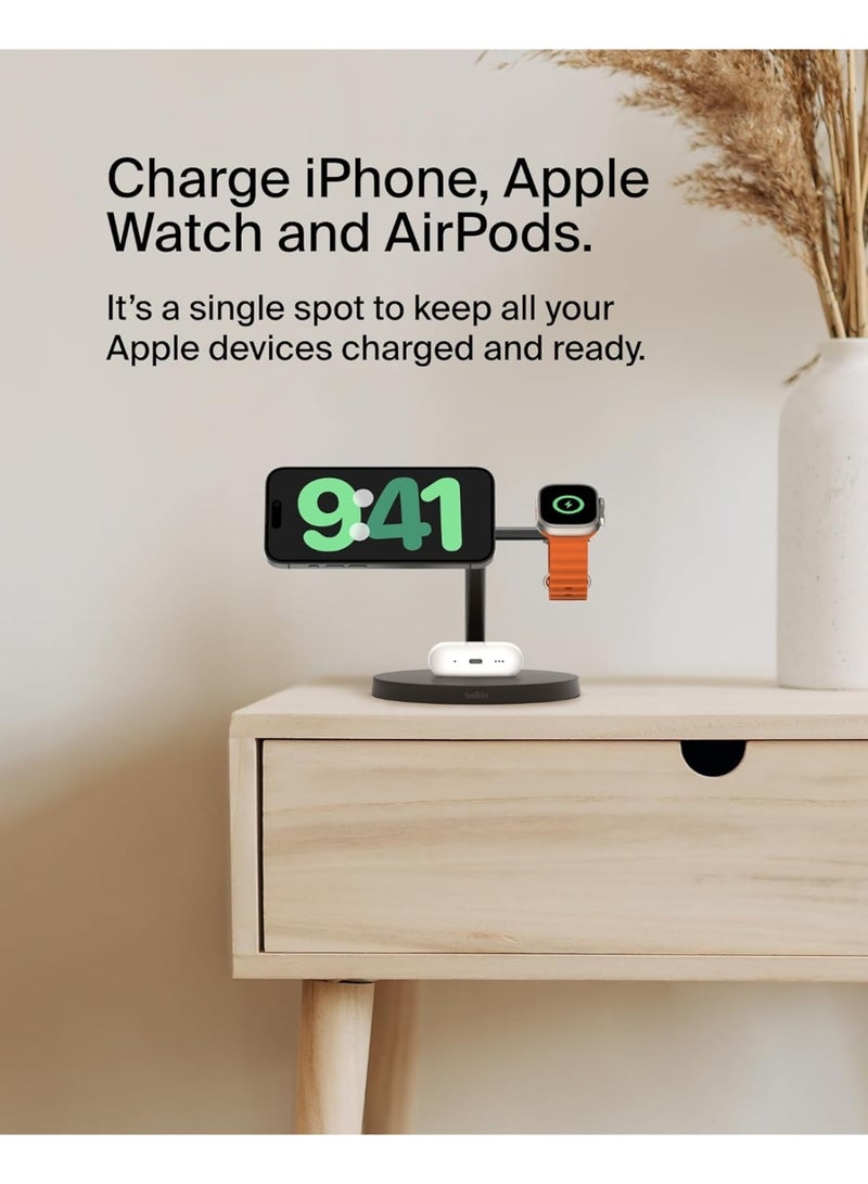 belkin BoostCharge 3-in-1 Qi2 charger, MagSafe compatible wireless charging station, Qi2 Wireless Charger for Apple iPhone 16 Series, Apple Watch, AirPods with Non-Slip Base, PSU Included - Black Black - Image 2