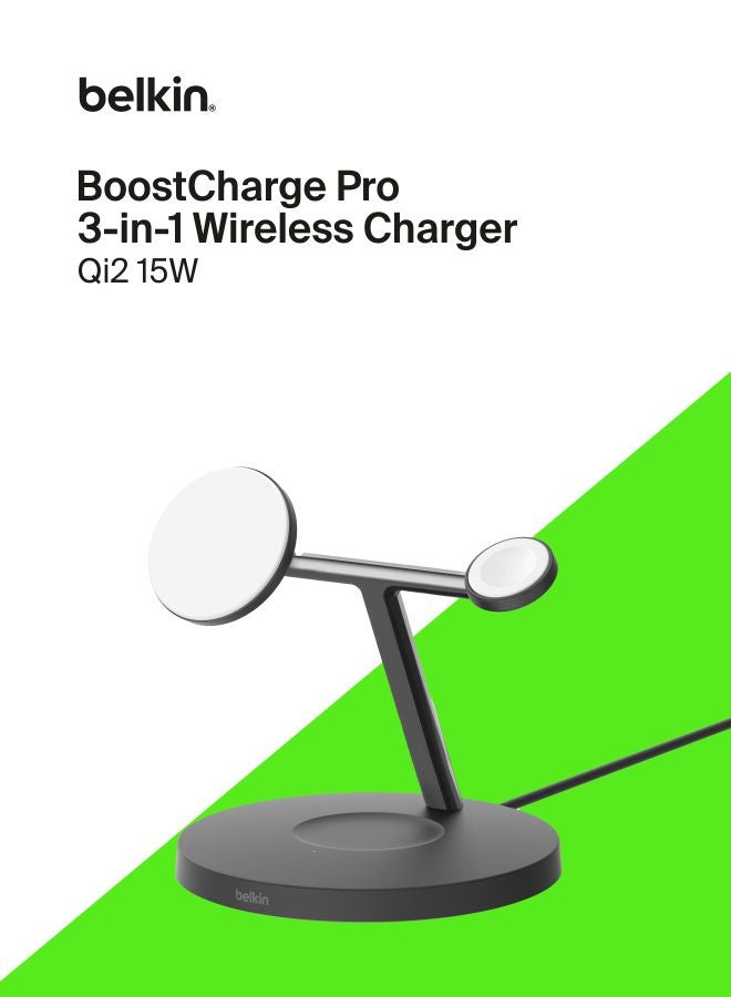belkin BoostCharge 3-in-1 Qi2 charger, MagSafe compatible wireless charging station, Qi2 Wireless Charger for Apple iPhone 16 Series, Apple Watch, AirPods with Non-Slip Base, PSU Included - Black Black - Image 1
