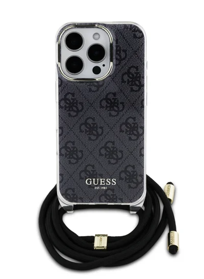 GUESS iPhone 16 Pro 4G Hard Case With Cross Body Cord / Easy Snap-on Cover / Lanyard for Drop Protection / Lightweight Case - Black
