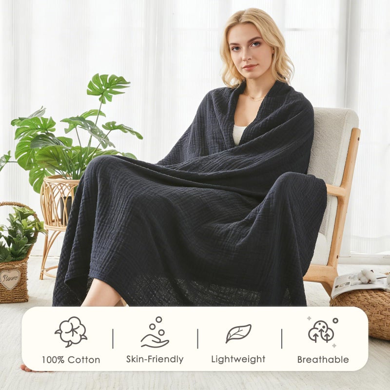 EMME Cotton Muslin Large Throw Blanket Couch Breathable Gauze Blanket Soft Lightweight Bed Blankets Adults (Black, 50"x70") - Image 2