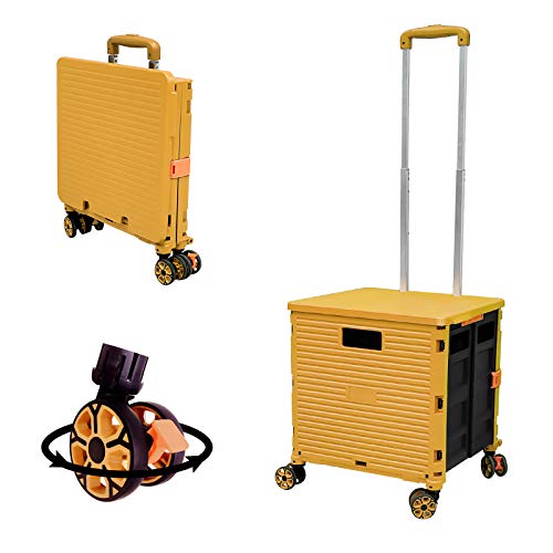 FELICON FELICON SELORSS Foldable Utility Cart Folding Portable Rolling Crate Handcart with Durable Heavy Duty Plastic Telescoping Handle Collapsible 4 Rotate Wheels for Travel Shop Move Luggage OfficeYellow 