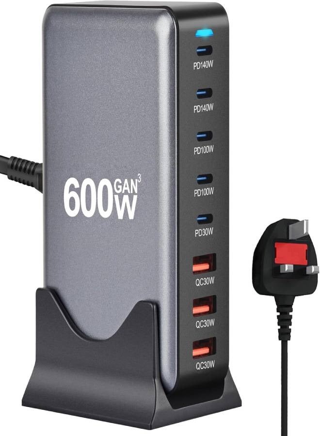 ارواق شاحن USB C بقوة 600 واط، موزع شحن سريع 8 منافذ GaN III بقوة 100 واط، محول شاحن كمبيوتر محمول PD 3.1 بقوة 140 واط، متوافق مع MacBook Pro/Air (نوع القابس: المملكة المتحدة) - Image 1