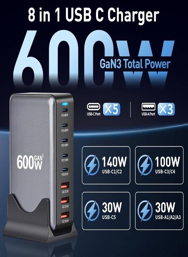 ارواق شاحن USB C بقوة 600 واط، موزع شحن سريع 8 منافذ GaN III بقوة 100 واط، محول شاحن كمبيوتر محمول PD 3.1 بقوة 140 واط، متوافق مع MacBook Pro/Air (نوع القابس: المملكة المتحدة) - Image 2