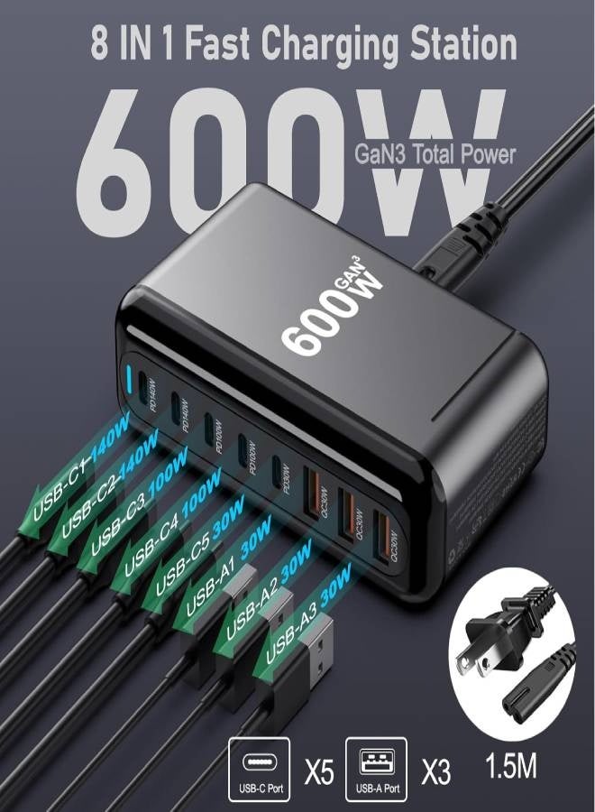 ارواق شاحن USB C بقوة 600 واط، موزع شحن سريع 8 منافذ GaN III بقوة 100 واط، محول شاحن كمبيوتر محمول PD 3.1 بقوة 140 واط، متوافق مع MacBook Pro/Air (نوع القابس: المملكة المتحدة) - Image 3