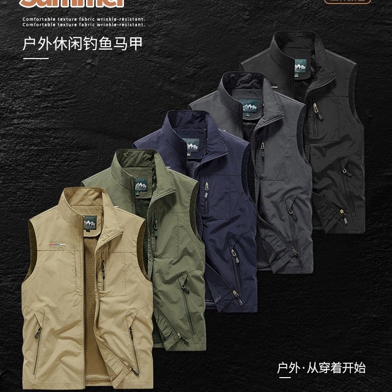 Men'S Vest Spring, Summer And Autumn Vest Men'S Casual Stand Collar Multi-Pocket Workwear Outdoor Pography - Image 2