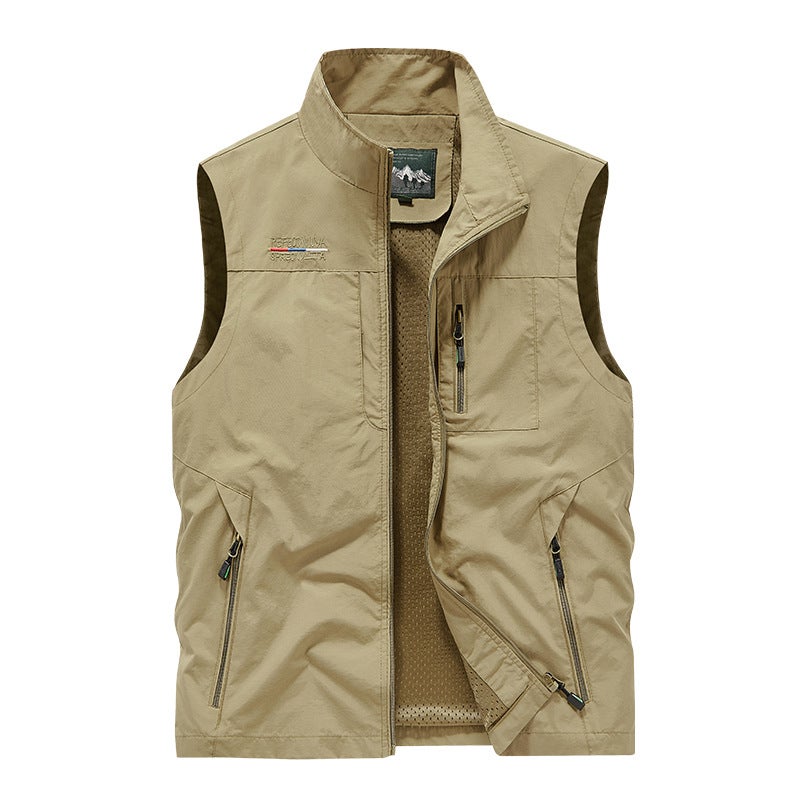 Men'S Vest Spring, Summer And Autumn Vest Men'S Casual Stand Collar Multi-Pocket Workwear Outdoor Pography - Image 1