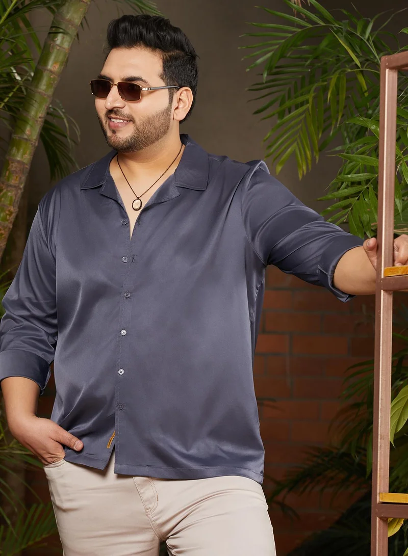 انستافاب بلس قميص رجالي سادة أسود فحم ساتان للارتداء الكاجوال بياقة كوبية وأكمام طويلة بأزرار مقاس كبير مريح للاستخدام اليومي