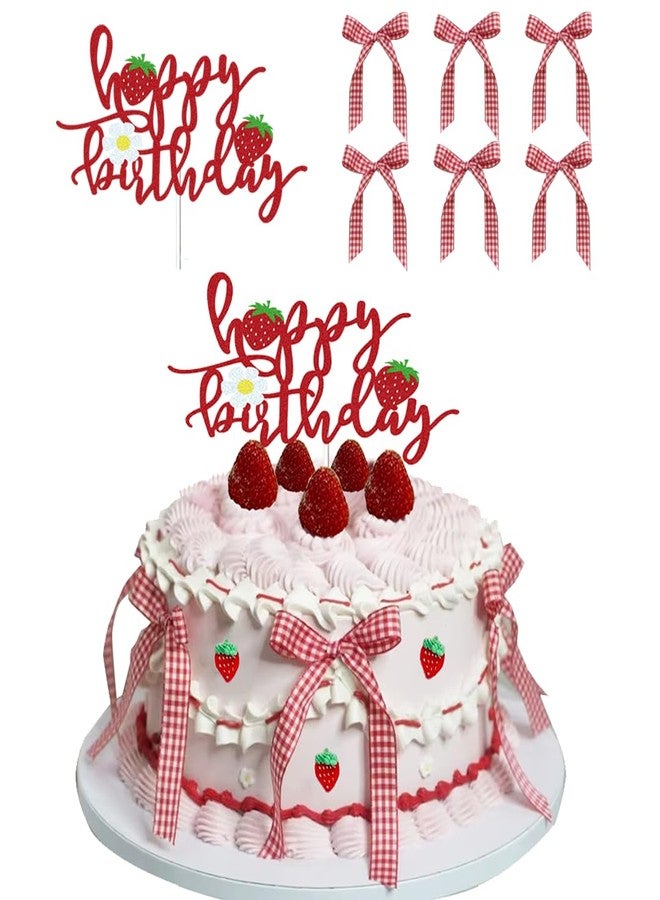 DiDida Strawberry Happy Birthday Cake Topper with Bows for Strawberry Shortcake Vintage Cake - Image 2