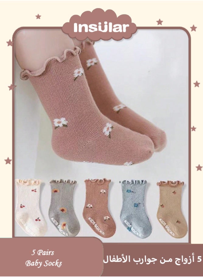 insular 5 Pairs Baby Socks for Girls, Toddler Socks with Ruffle Trim, Cotton Ankle and Crew Socks for Infants 0-3 Years, Soft, Breathable, Multicolor - Image 1