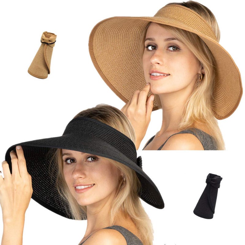FENELY Women Sun Visors Foldable Straw Hats Summer Beach Packable Hat Floppy Wide Brim Cap Big Heads Sombrero (Black+Khaki) - Image 1