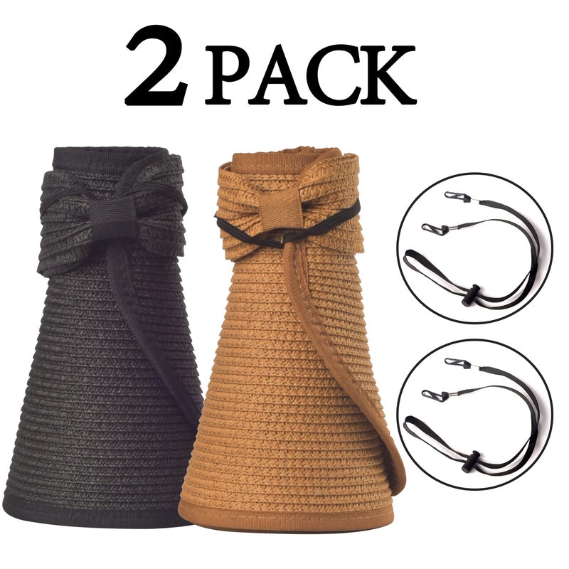FENELY Women Sun Visors Foldable Straw Hats Summer Beach Packable Hat Floppy Wide Brim Cap Big Heads Sombrero (Black+Khaki) - Image 2