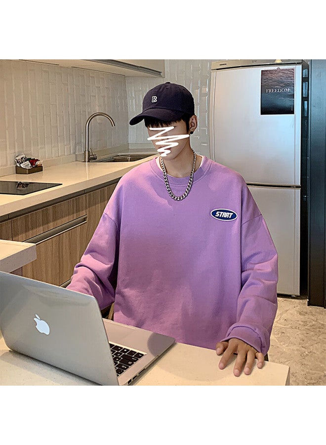 Homlean American Vintage Crewneck Sweatshirt Men Autumn Long Sleeve Pullover Casual Simple Hm03 Light Purple M - Image 4