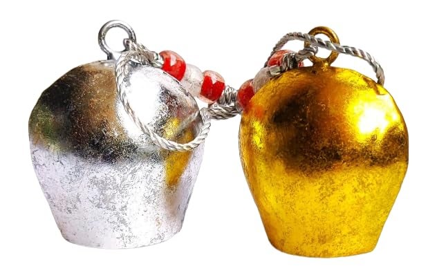 MIRAMAYEE Gold Silver Cow Bells Set of 2 Iron Wall Bells Multi use Versatile Door Hanging Decorative Bell Decorative Wall Hanging adds Artistic Perspective to Your Space - Image 1