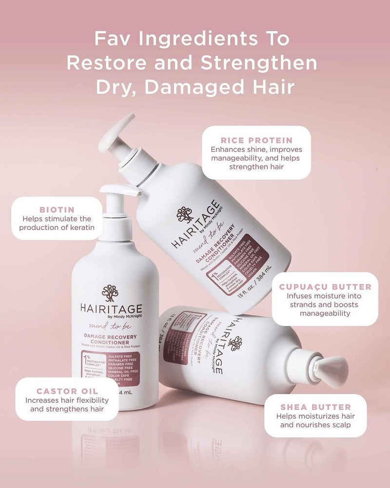 Hairitage Biotin Damage Repair Shampoo and Conditioner Set - Thickening + Volumizing - Biotin Castor Oil + Rice Protein - Sulfate Free + Color Safe - Deep Conditioning Treatment Dry Damaged Curly Hair - Image 3