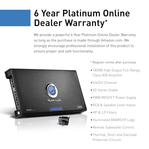 Planet Audio AC1800.5 5 Channel Car Amplifier - 1800 High Output, High/Low Level Inputs, High/Low Pass Crossover, Full Range, Bass for Subwoofer - Image 3