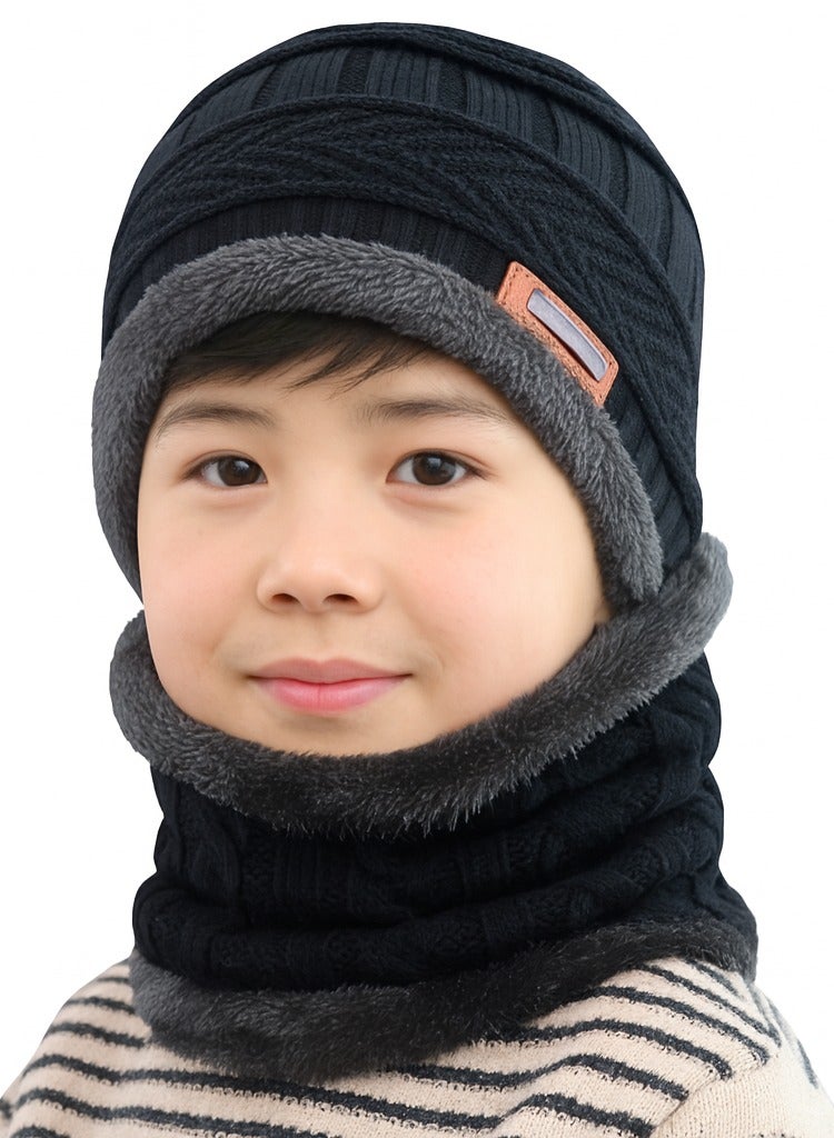 ساراونت طقم قبعة ووشاح شتوي للأطفال من سن 3 إلى 13 عامًا، قبعة محبوكة دافئة مع بطانة من القطيفة للأولاد والبنات - Image 1
