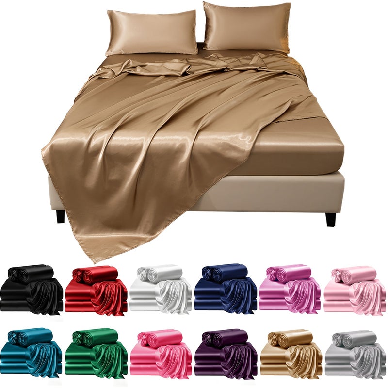 Purple Luxury Satin Bed Sheet Set 4 Piece Flat Sheet Fitted Sheet 2 Pillowcases Machine Washable Soft Anti Shrinkage Student Dormitory Style Mattress Protector Home Essential - Image 3