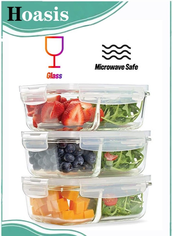 Hoasis Set of 3 Airtight Seal Meal Prep Containers, Portion Control Divided, Two Compartments with Locking Lids, Glass Storage (Clear) - Image 1