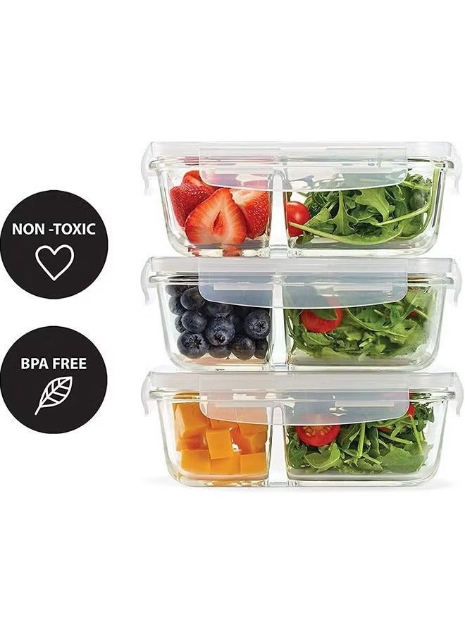Hoasis Set of 3 Airtight Seal Meal Prep Containers, Portion Control Divided, Two Compartments with Locking Lids, Glass Storage (Clear) - Image 5