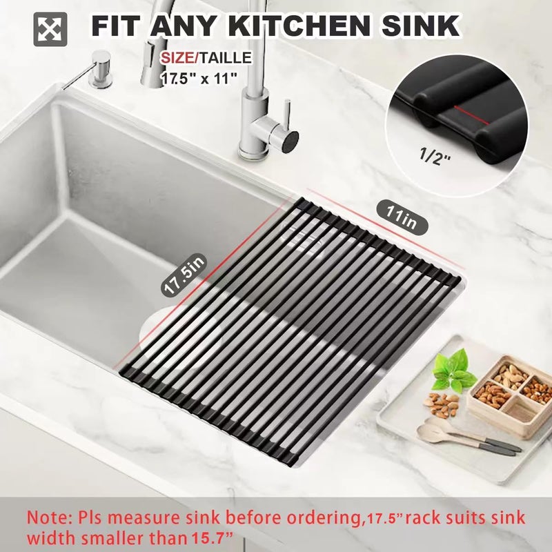 MERRYBOX Roll Up Over The Sink Dish Drying Rack Silicone Wrapped Foldable, Heat-Resistant, Anti-Slip Sink Rack Multipurpose Dish Drainer for Kitchen Sink Counter - Black, 17.5" x 11" - Image 2