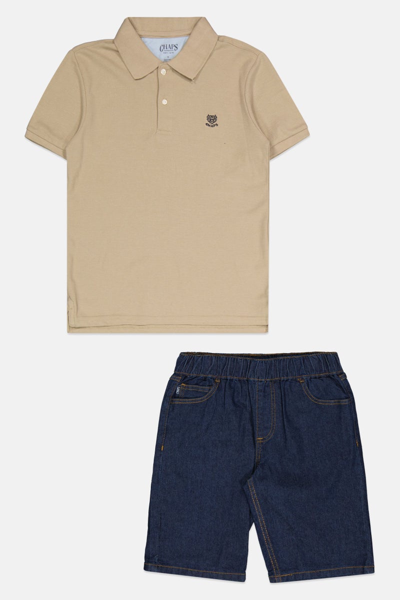Chaps Kids Boy 2 Pcs Embroidered Logo Polo Shirt And Short Set, Tan/Navy  - Image 1