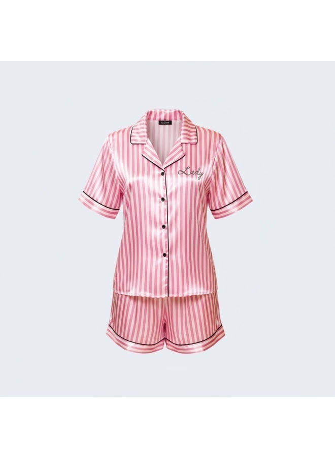 LADY Women's Pink Striped Satin Pajama Set – Button-Up Shirt & Shorts Sleepwear - Image 5
