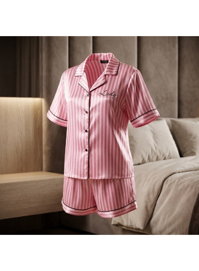 LADY Women's Pink Striped Satin Pajama Set – Button-Up Shirt & Shorts Sleepwear - Image 2