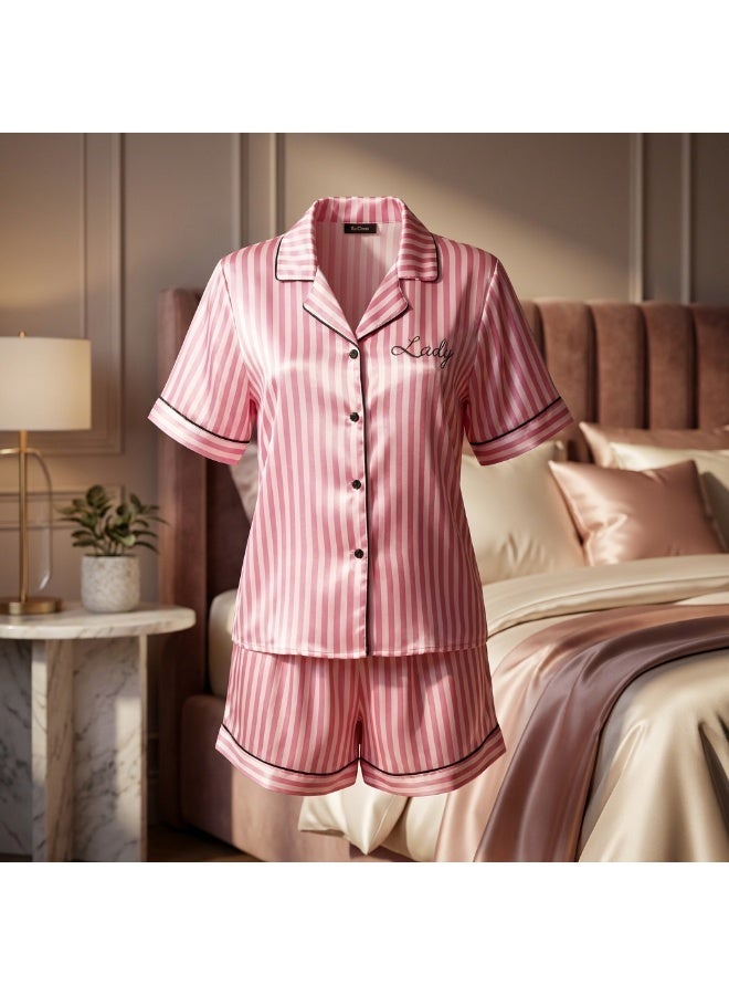 LADY Women's Pink Striped Satin Pajama Set – Button-Up Shirt & Shorts Sleepwear - Image 4