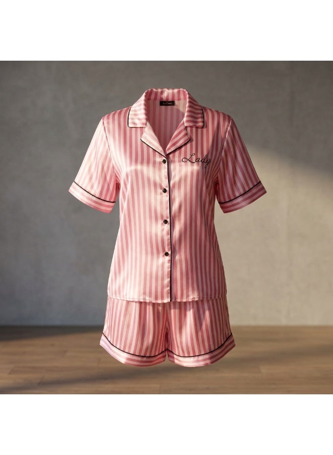 LADY Women's Pink Striped Satin Pajama Set – Button-Up Shirt & Shorts Sleepwear - Image 1